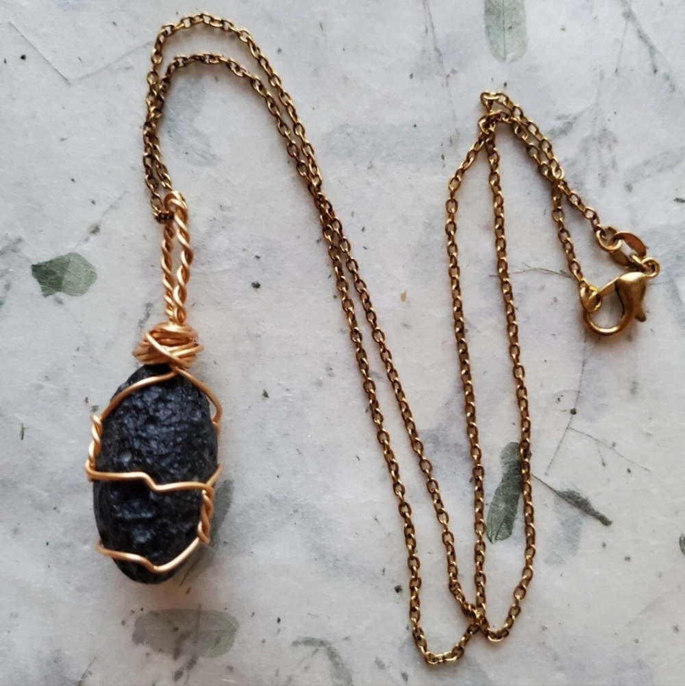 Handmade Black Vietnam Tektite Wire Wrapped Necklace